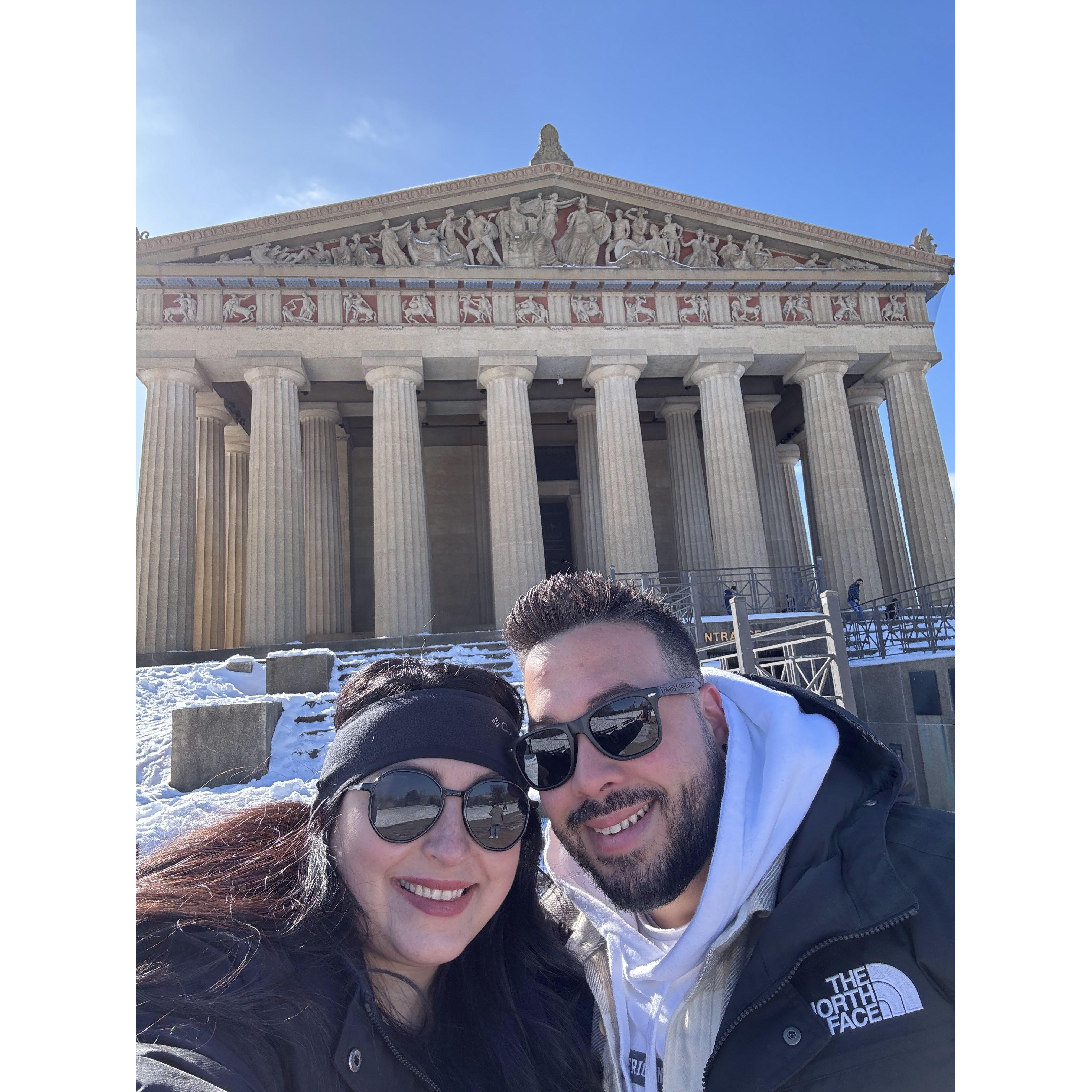 Snowy day in Nashville February 2024 in front of the Parthenon. Little did we know we would be in that same city 2025 where David Proposed!
