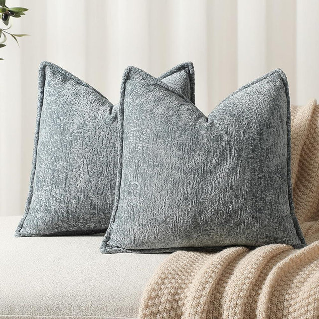 DEZENE Pack of 2 Dusty Blue Decorative Throw Pillow Covers 22x22 Cozy Soft Chenille Accent Vintage Square Couch Pillow Covers for Home Decor Bed Sofa Living Room