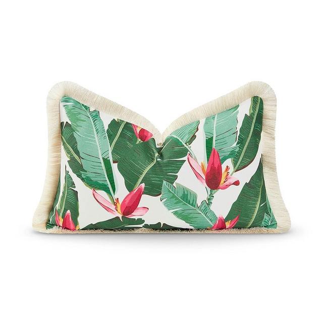 Hofdeco Premium Tropical Patio Indoor Outdoor Lumbar Pillow Cover Only, 12"x20" Water Resistant for Backyard, Couch, Green Banana Leaf Fringe