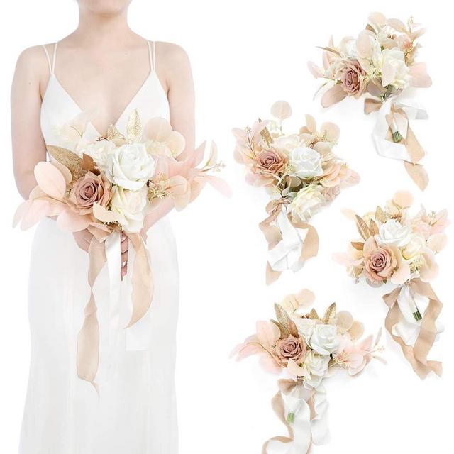 Ling's Moment 7 Inch White & Beige Artificial Flowers Bridesmaid Bouquets for Wedding,Set of 4,for Wedding Ceremony and Anniversary, Centerpiece
