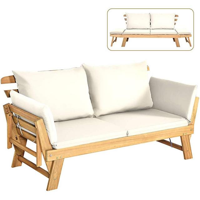 Tangkula Acacia Wood Patio Convertible Couch Sofa Bed with Adjustable Armrest, Outdoor Daybed with Cushion & Pillow, Folding Chaise Lounge Bench Ideal for Porch Courtyard Poolside (White)