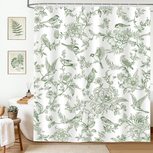hometrixx Farmhouse Vintage Long Shower Curtain Sage Green Floral Birds Shower Curtains for Bathroom Decor Bathtub Light Weight Washable Waterproof Fabric with 12 Hooks 72 X 72 Inch