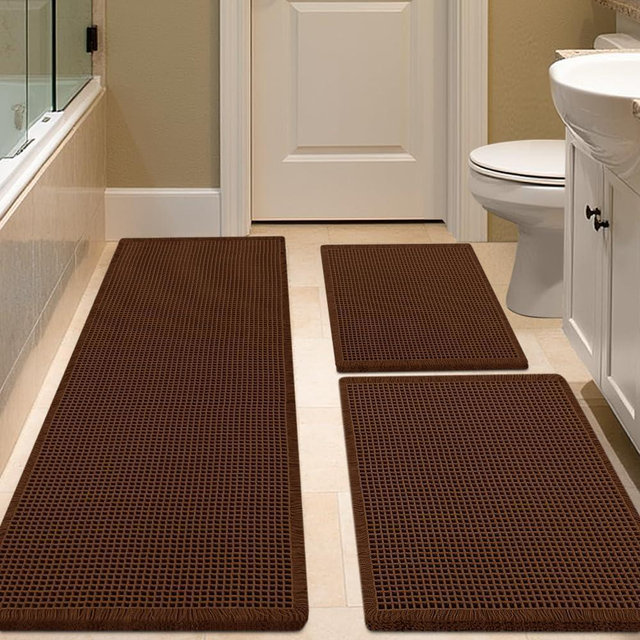 IM HOME Waffle Bath Mat Set 3 Piece Brown,Woven Modern Bath Rug Mats, Absorbent Non Slip Bath Floor Mat, Soft Washable Boho Bath Rugs with Tassels for Bathroom, Bedroom, Kitchen,Tub