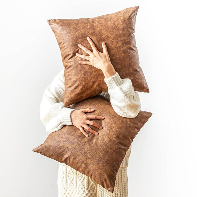 GEGELICA Leather Throw Pillow Covers Pack of 2 Brown, Modern Boho Thickened Floor Decorative Pillow Covers, for Home Decor Outdoor Waterproof Pet Hair Resistant Abrasion Cushion Cover 20x20 inch.