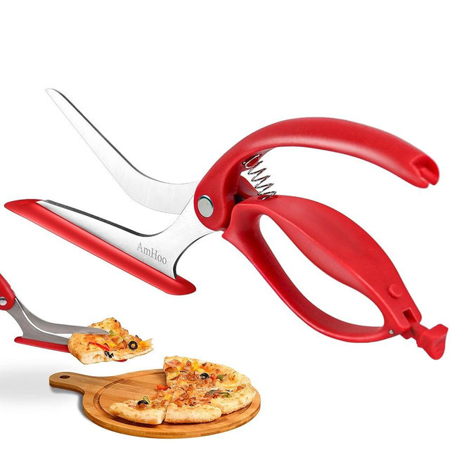 AmHoo Pizza Scissors Stainless Steel Blade Salad Pizza Slicer Pizza Cutter Scissors with Server Highly enjoy Excellent Gifts Red