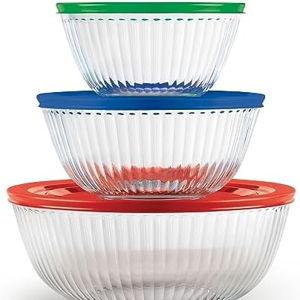 Pyrex Sculpted 3-Pack Glass Mixing Bowls (1.3 QT, 2.3 QT, 4.5 QT) with BPA-Free Lids, Prepping and Baking Food Storage Set, Dishwasher, Microwave and Freezer Safe
