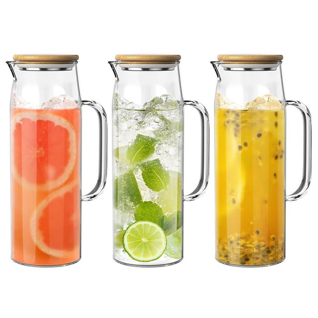 3 Sets Glass Pitcher with Lid, 50 oz / 1500 ml Water Carafe with Handles Hot Cold Beverage Water Jar Glass Jug (Bamboo lid)