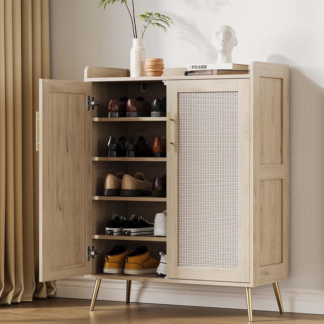 Homhougo Shoe Cabinet, 6-Tier Shoe Storage Cabinet with Doors and Shelves, Farmhouse Shoe Cabinet Natural Wood