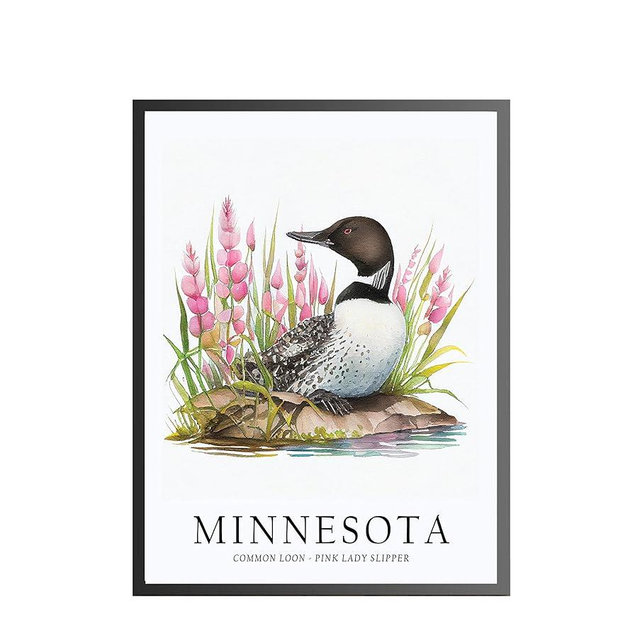 Minnesota State Bird And Flower Art Print, Minnesota Poster Wall art Decor, Minnesota State Map Travel Poster, Home Office Wall Decoration, Bedroom, Living Room Artwork. (Minnesota F, 11x14 inches (Unframed))