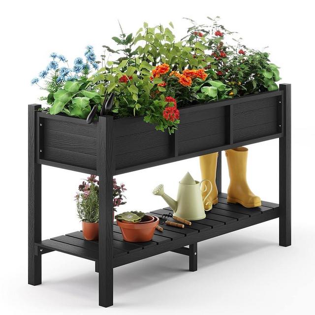 LUE BONA Raised Garden Bed with Tools, 47*18*29 in, Poly Elevated Planter Box with Legs And Storage Shelf, Weather Resistant, 3-Year Warranty, Standing Growing Bed Herb Planter for Vegetable, Black