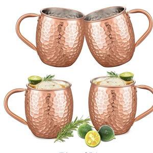 Moscow Mule Mugs Copper Cups Set of 4 Copper Mugs with 304 Stainless Steel Lining,Perfect For Wine, Beer, Cold Drink, Bar, Party, Gifts