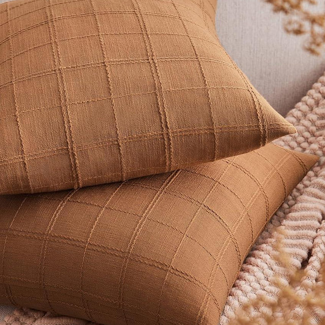 ZeeMart Linen Checked Throw Pillow Covers Set of 2, 18x18 Inch Allover Grid Caramel, Farmhouse Decorative Double Sided Grid Embroidered Couch Pillow Cases Burnt Orange Cotton Linen Cushion Covers