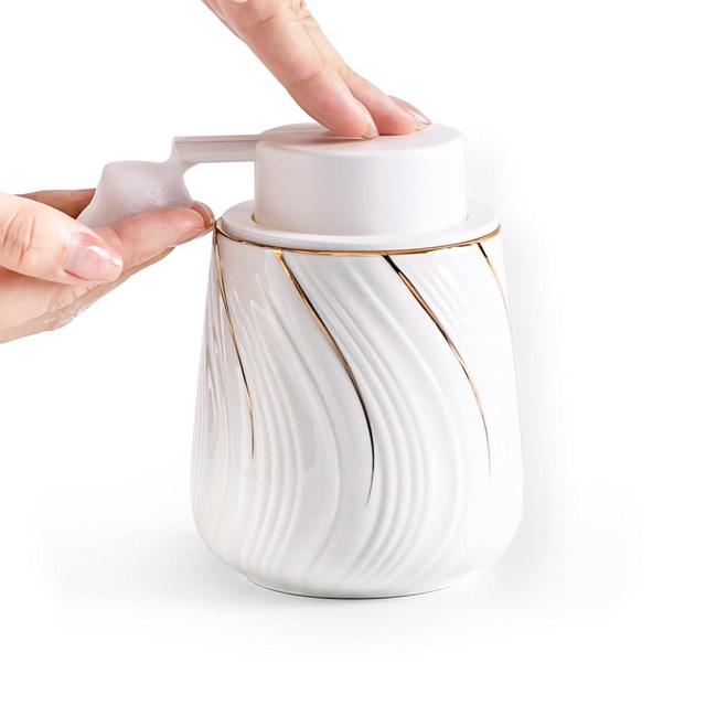 Agyiuns Foam Hand Soap Dispenser - 13.5 oz Ceramic foaming Hand soap Dispenser with Easy-to-Press Pump for Bathroom refillable Liquid Hand soap Dispenser (Foam-White with Gold Thread)