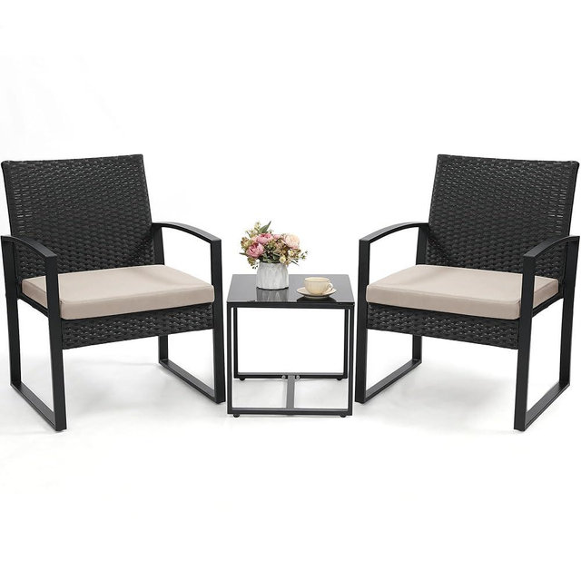 Murago 3 Piece Wicker Patio Bistro Set, Rattan Conversation Set with Coffee Table, for Balcony, Porch, Garden, Yard, Poolside, Black Frame with Beige Cushion