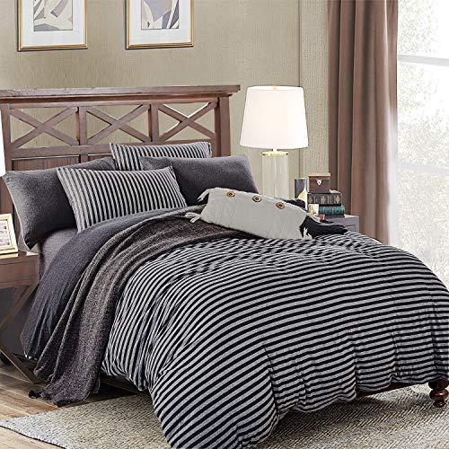PURE ERA Duvet Cover Set Cotton Jersey Knit Ultra Soft Comfy Striped 3 PCs Home Bedding Sets (1 Duvet Cover+ 2 Pillow Shams, Comforter Not Included) Charcoal Black Grey King