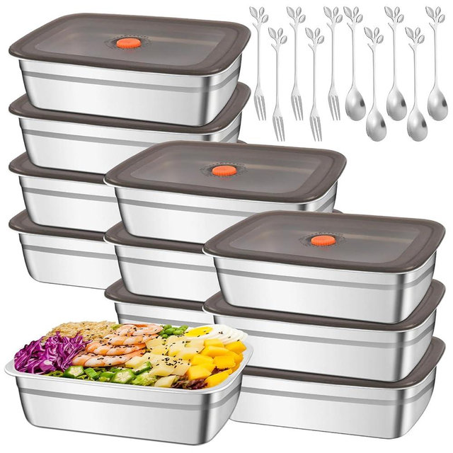 10Pcs 316 Stainless Steel Food Storage Containers Airtight Lids 50oz/1500ml Fresh-keeping Metal Refrigerator Container Metal Meal Container