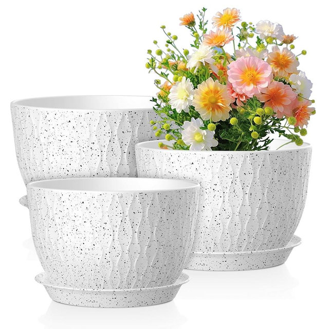 Meowell 12/10/9 inch Large Flower Pots, 3 Set Big Plant Pots for Outdoor Indoor Plants with Water Ripples, Wide Plastic Planters with Drainage Holes and Saucers for Garden House Plants, Speckled White