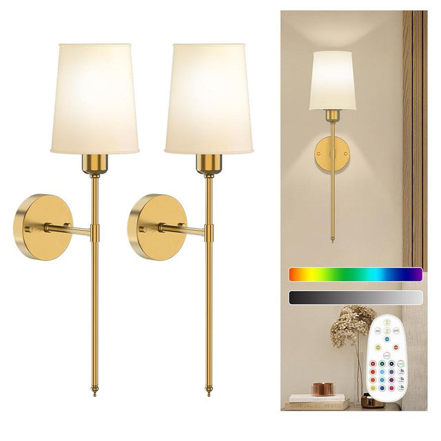 onffo Battery Operated Wall Sconce, Gold Rechargeable Wall Lights with 5200mAh Dimmable Bulbs and Remote, 12 Colors Wireless Wall Lamps for Bedroom Living Room Hallway Decor (24inch)