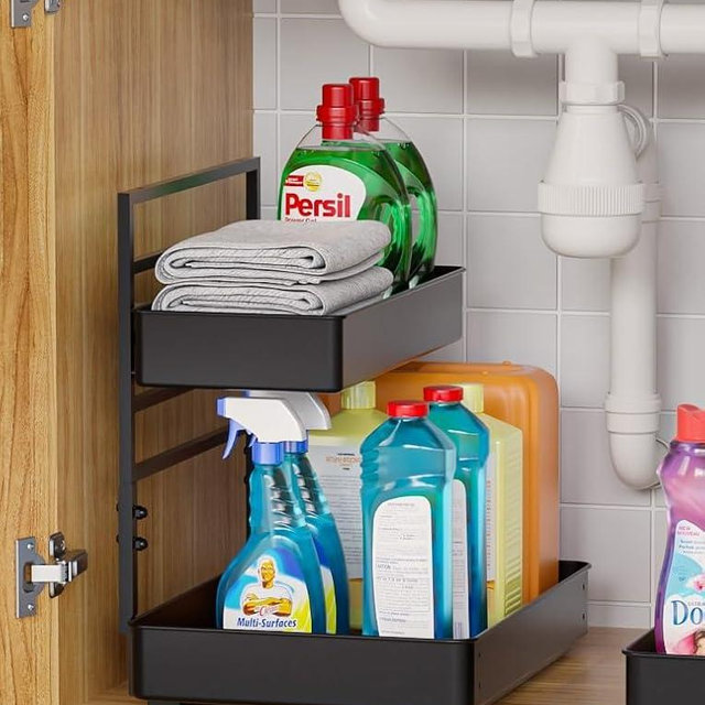 EVERIE Metal Pull Out Slide Shelf Organizer for Under Sink Organization in Kitchen, Bathroom, Counter, Cabinets, Minimum Available Space 13" Wide x 16.5" Deep (Black, 1 Set)
