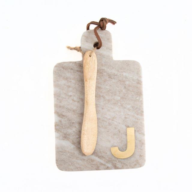Artisanal Kitchen Supply Marble Monogram Letter "J" Serving Board with Spreader