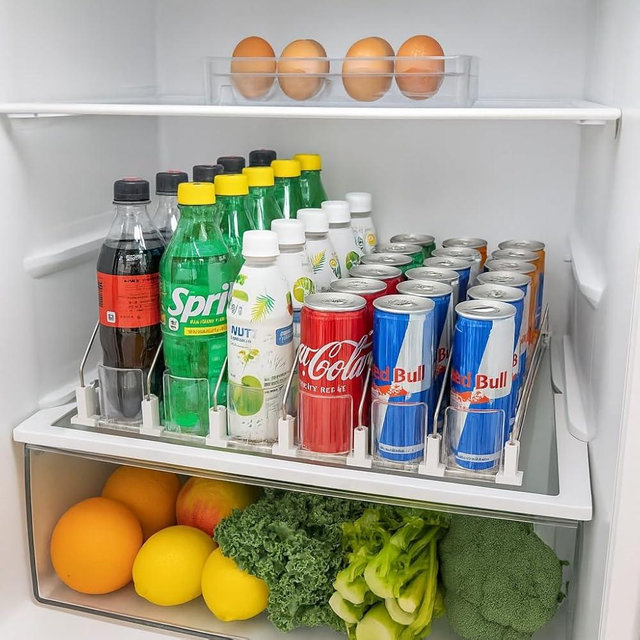 Upgraded Premium Drink Organizer for Fridge. Ultra Space Saving Soda Can Organizer with Larger Stopper Height and Automatic Pusher with Locking Feature. Holds 30 Cans (6 Rows, White)