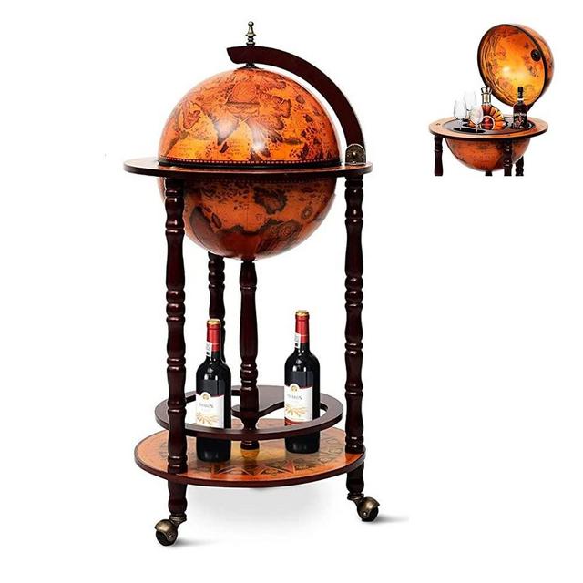 S AFSTAR 18'' Globe Bar Wine Cabinet, 16th Century Italian Replica Liquor Bottle Shelf w/Bottom Shelf & 3 Wheels, Freestanding Wine Display Stand Rack, Wooden Wine Bar Stand, Globe Bar Cart