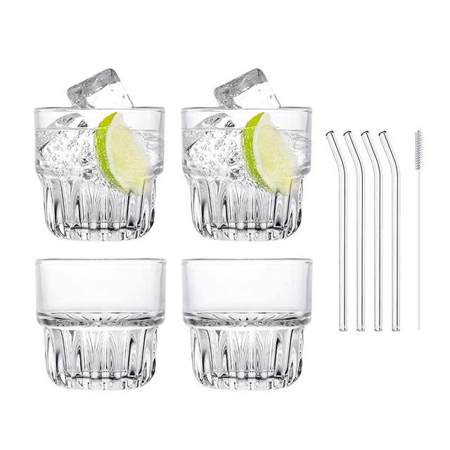 Ribbed Glassware Glass Cups , Origami Style Ridged Cocktail Glasses Set, Vintage Ripple Iced Coffee Cups Glassware, Stackable Glass Cup Coffee Mug, Set of 4, Gift - 4 Glass Straws,1straw Brush