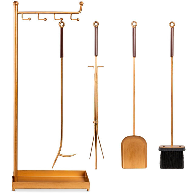 Best Choice Products 5-Piece Modern Contemporary Indoor Outdoor Antique Fireplace Tool Set w/ Ergonomic Handles - Gold