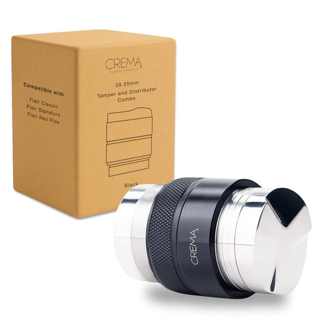 CREMA Coffee Products 39.25mm Hand Tamper & Coffee Distributor V2 for Flair | Compatible w/Classic, Signature, & Neo | Double-Sided, Adjustable Depth Tool | 304 Stainless Steel | Black