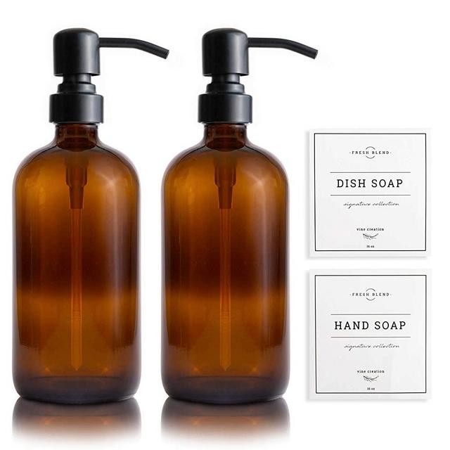 Vine Creations Amber Glass Soap Dispenser 2 Pack, Thick 16oz Bottles Rustproof Stainless Steel Pump, Modern Farmhouse Vintage Jar, Bathroom Kitchen Accessories, Dish and Hand Soap Labels (Matte Black)