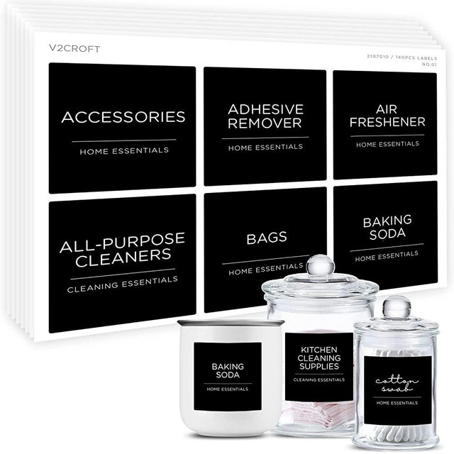 v2croft 144 PCS Minimalist Laundry Room Labels Set, Water Resistant Stickers,Water/Oil Resistant Stickers for Laundry Room, Linen Closet Home Bathroom and The Beauty Organization（Black
