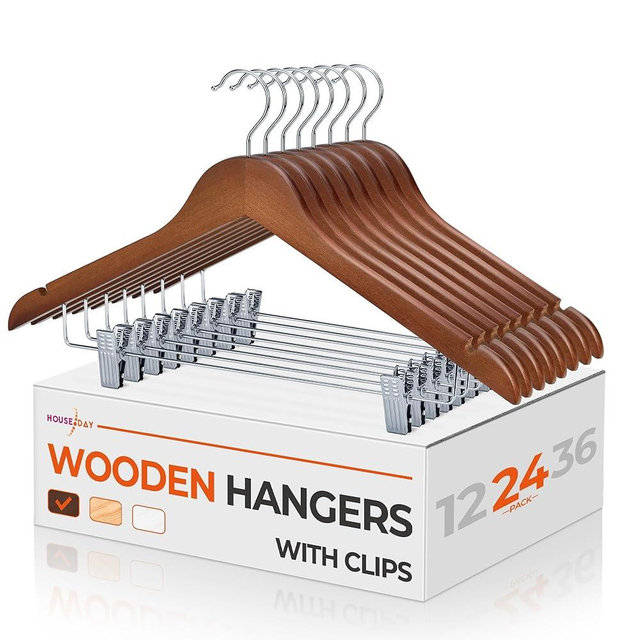 HOUSE DAY Walnut Wooden Hangers 24 Pack with Durable Metal Clips for Blouse, Dress, Coat, Pants, Skirt