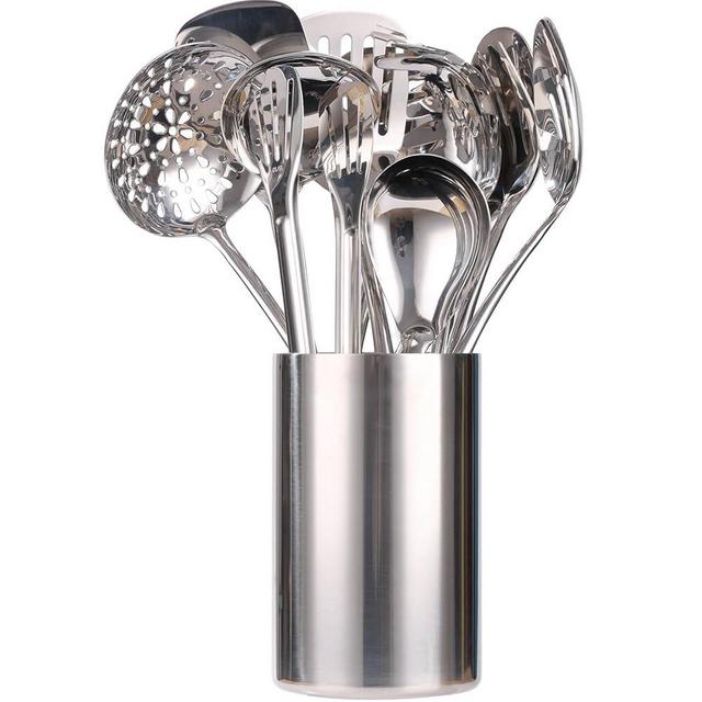18/10 Stainless Steel Kitchen Utensils Set with Holder - 15″ Spatula Spoon Set with Storage Organizer for Countertop, Fork, Tongs, Spatula, Ladle, Skimmer, Turner, Spaghetti, Large Spoon Set of 12