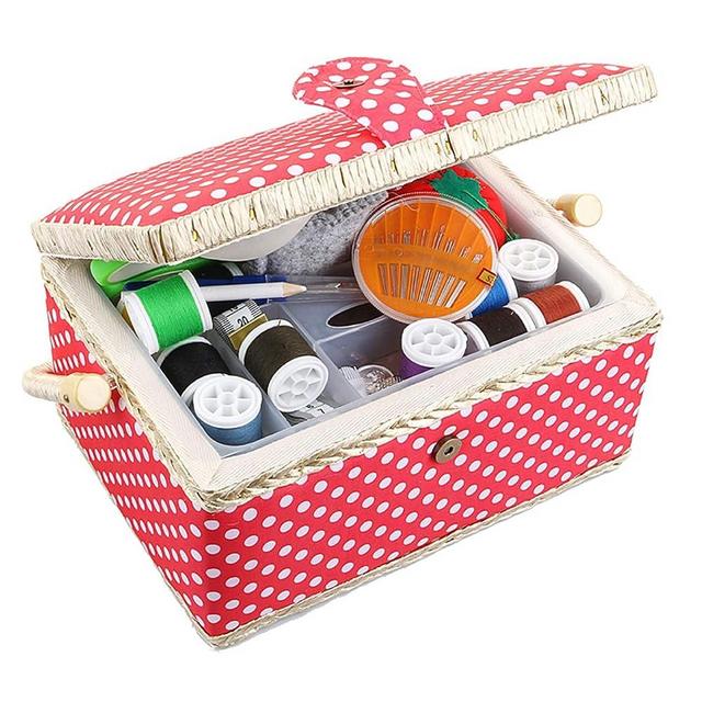 Sewing Basket Organizer with Complete Sew Kit Accessories Included - Wooden Sewing Box Kit with Removable Tray and Tomato Pincushion for Mending - Red