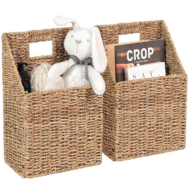 Wicker Hanging Storage Baskets (10.5"Lx6.5"Wx13"H), Set of 2 Wall Basket, Seagrass Basket, Wall Decor Baskets, Seagrass Woven Hanging for Organizing Files, Mails, Books, Accessories
