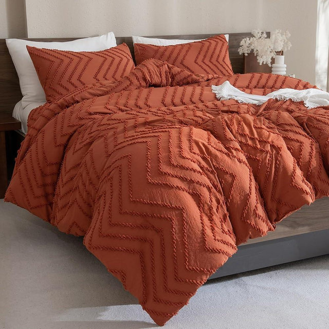 Andency Burnt Orange California King Size Comforter Set, Cal King Boho Terracotta Soft Warm Bedding Comforter Sets, 3 Pieces Cali King Rust Chevron Tufted Aesthetic Microfiber Comforter Set