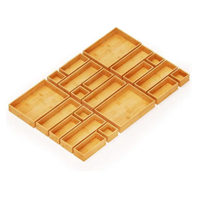 21-Piece Bamboo Drawer Organizer Set – Multi-Use Divider Bins for Kitchen, Bathroom, Office, and Makeup Storage, Natural