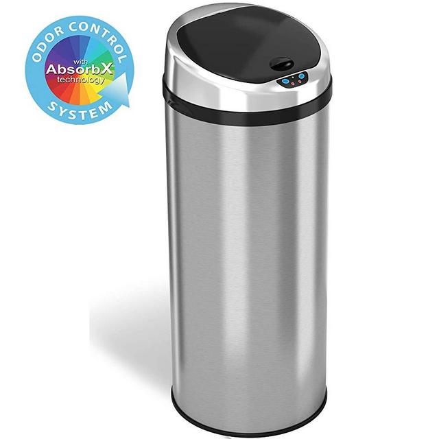 iTouchless 13 Gallon Touchless Sensor Kitchen Trash Can with Odor Control System, Stainless Steel, Round Garbage Bin for Home or Office