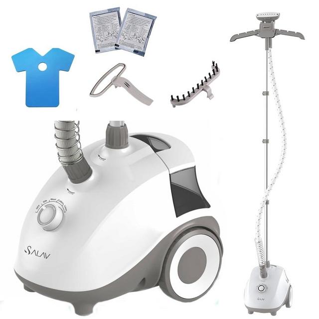 SALAV® Standing Steamer for Clothes, 1500W Powerful Garment Steamer with Roll Wheels, 4 Steam Settings, High Efficiency Stainless Steel Plate, with Limescale Remover Descaler Packets