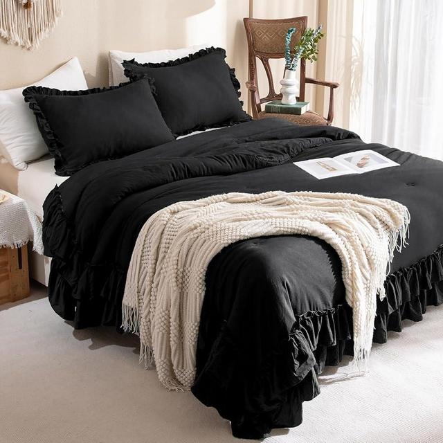Masaca Black Ruffled Comforter Set Queen,Farmhouse Shabby Boho Chic Bedding,Ultra Soft Fluffy Ruffle Bed Comforter Set 3-Piece (1 Ruffle Comforter+2 Pillow Shams)