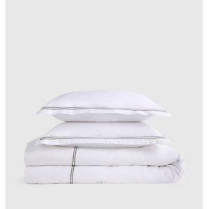 Classic Organic Percale Embellished Duvet Cover Set in White/Dusty Olive (King)