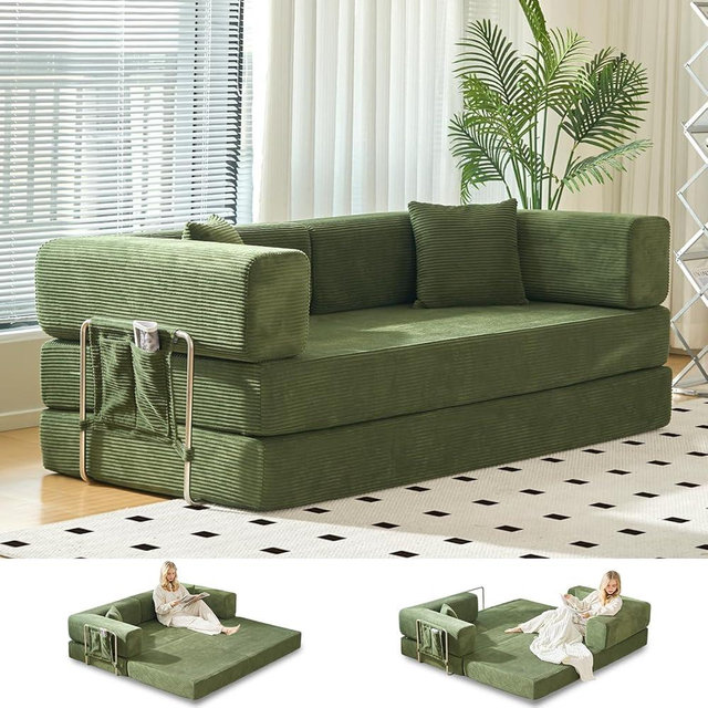 GEARIVY Folding Sofa Bed Convertable Corduroy Couch King Size Floor Sleeper 4-in-1 DIY Combination sofabed Fold Out Futon Lounge Comfy Foldable couches cama for Living Room (Green, 80.15")