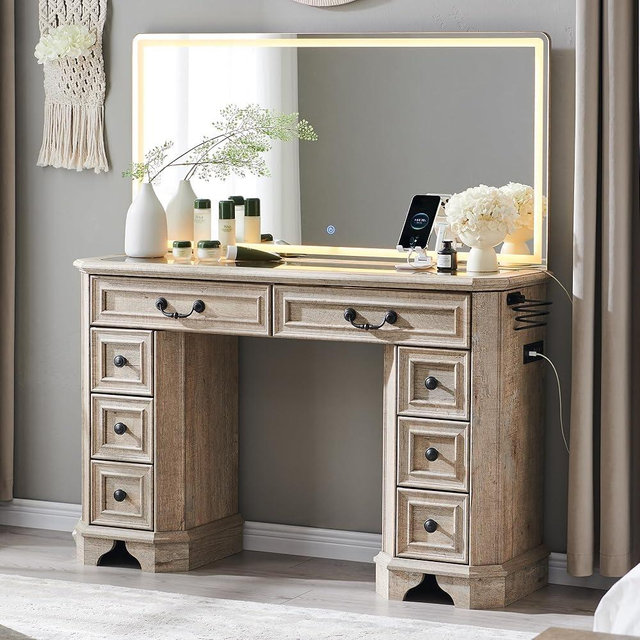 Makeup Vanity Desk with 48" HD Lighted Mirror, Farmhouse Vanity Table with 8 Drawers, Vanity Desk with 3 Color Modes, Dressing Table with Glass Top and Charging Station for Bedroom(Light Rustic Oak)