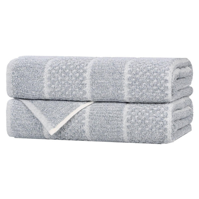 Viscose Cotton Blend Medium Weight Soft Textured Checkered and Ribbed Bath Towels, Set of 2, Denim Blue - Blue Nile Mills