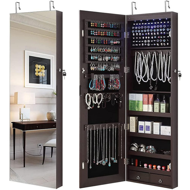 GISSAR Full Length Mirror Jewelry Cabinet, 6 LEDs Jewelry Armoire Wall Mounted Over The Door Hanging, Jewelry Organizer Storage with Lights Lockable , Brown, 14.6" x 47.2"