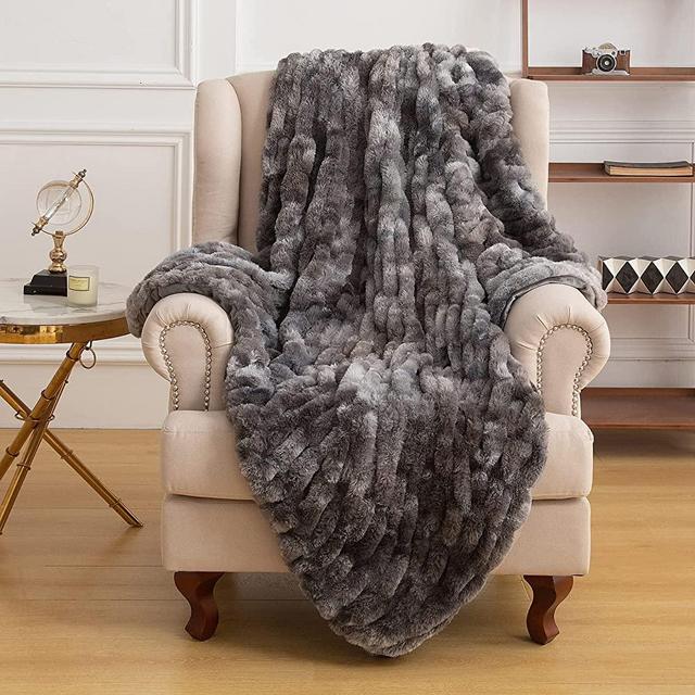 Soft Faux Fur Throw Blanket, 50" x 60" Fuzzy Throw Blanket for Couch and Bed Luxurious Ruched Warm Throw Blanket for Living Room Bedroom (Throw, Dark Gray)