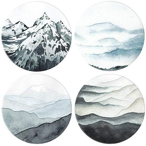 Lahome Mountain Range Coasters - Round Drinks Absorbent Stone Coaster Set With Ceramic Stone and Cork Base for Kinds of Mugs and Cups (Mountain Range, 4)