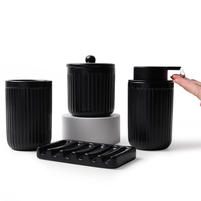 BosilunLife Ceramic Bathroom Accessories Set - Bathroom Counter Soap Set Black Bathroom Decor Sets Accessories Bathroom Lotion Soap Dispenser and Toothbrush Holder Set, Soap Dish, Apothecary Jars