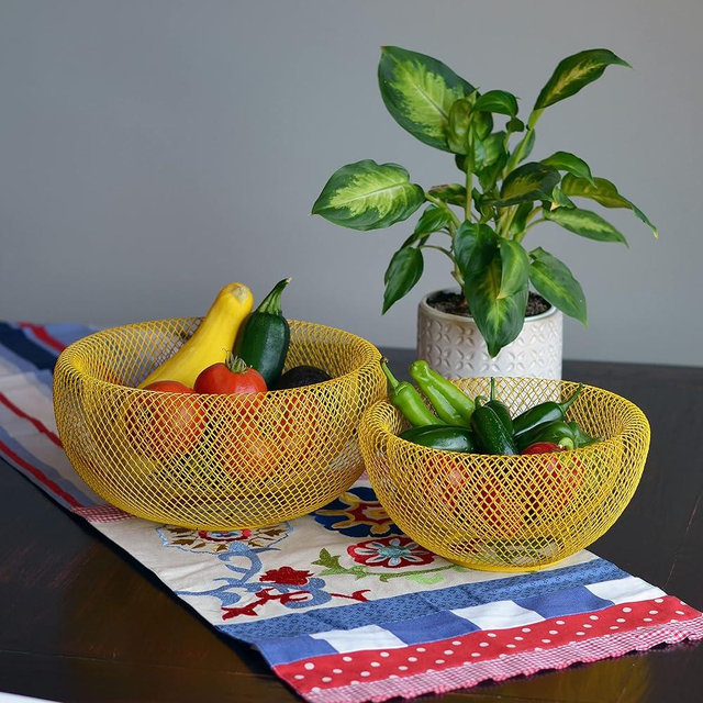 WHW Whole House Worlds 2 Piece Modern Yellow Metal Wire Mesh Fruit Bowl Set, Double Wall Construction, 1- Large, 11.5 D x 6 Tall, and 2- Medium 9.5 Diameter x 4.75 Tall Inches