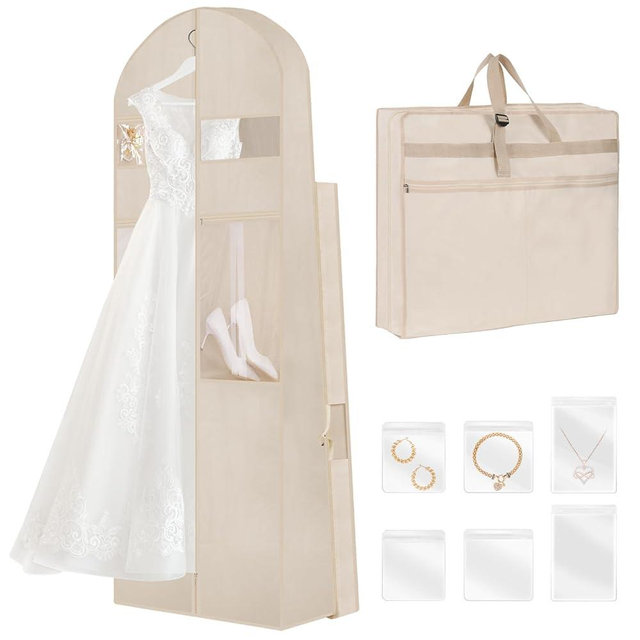 TANGKA Wedding Dress Garment Bag,72’ Tri-Fold Bridal Gown Bag with 6 Pouches and Adjustable Buckle Gown Cover for Wedding/Prom/Travel/Closet Storage (Beige)